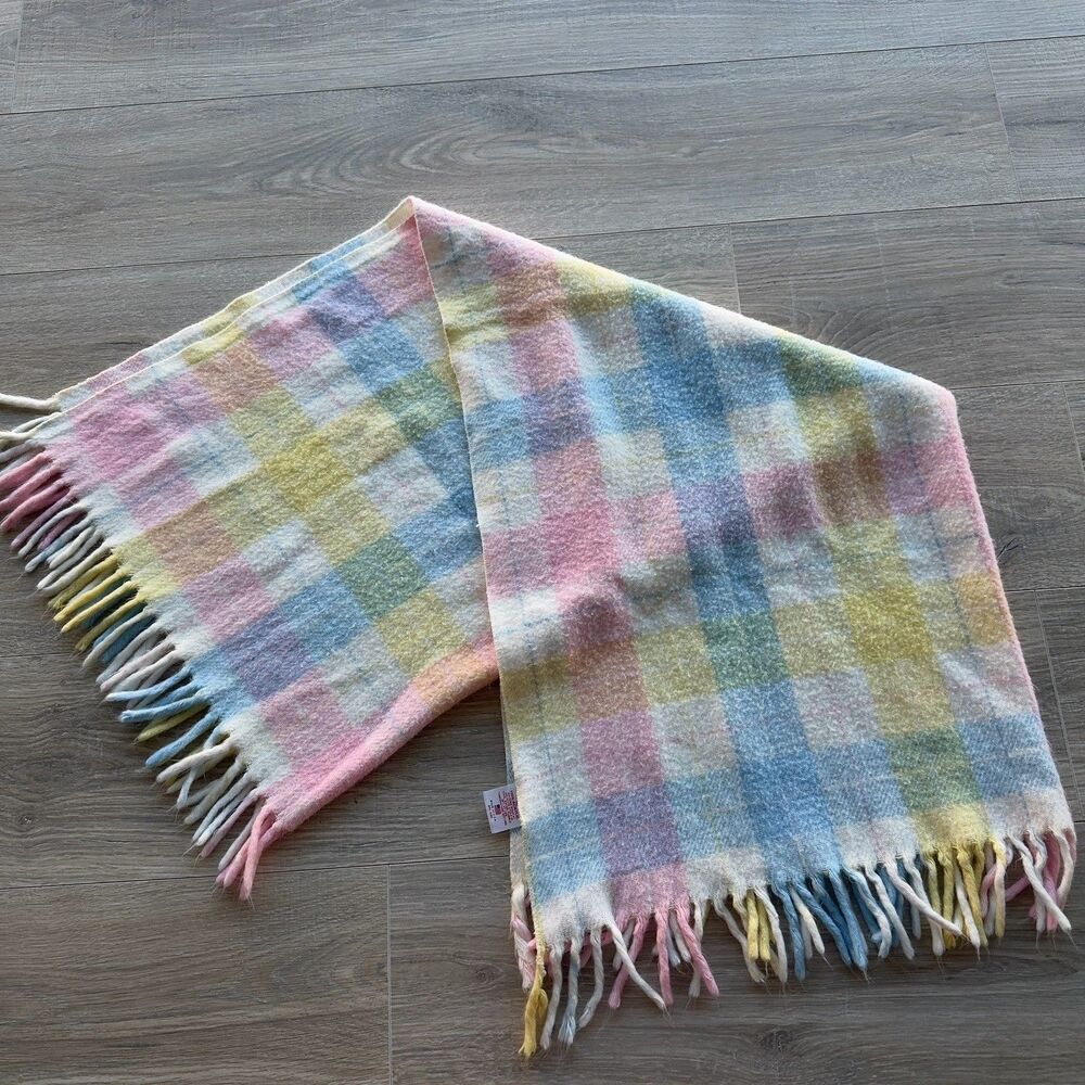 Tennessee Woolen Mills Baby Blanket Pastel Plaid Acrylic Fringe USA Vintage 90’s